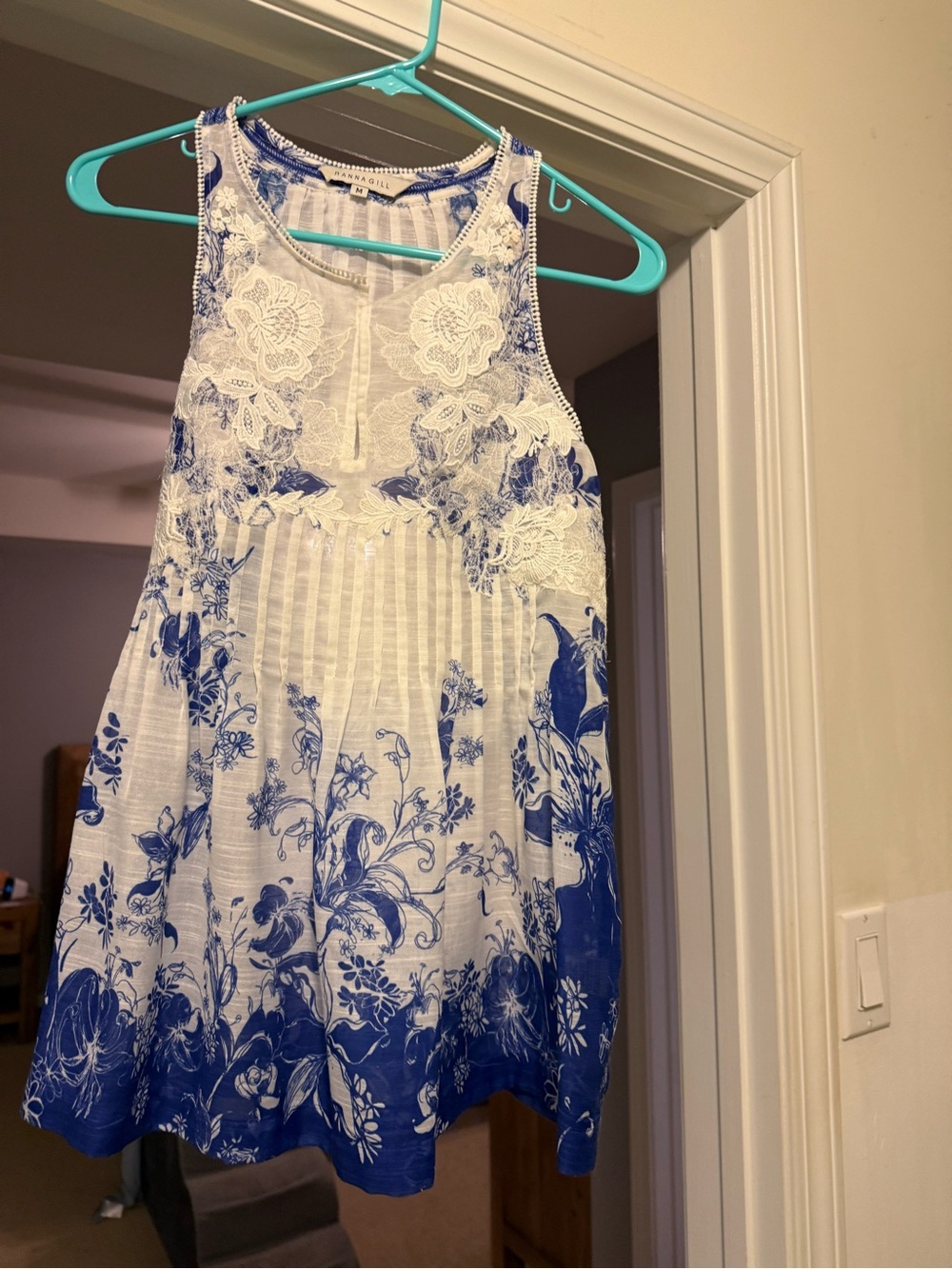 Anthropologie White Tank with Blue Floral Print and Lace